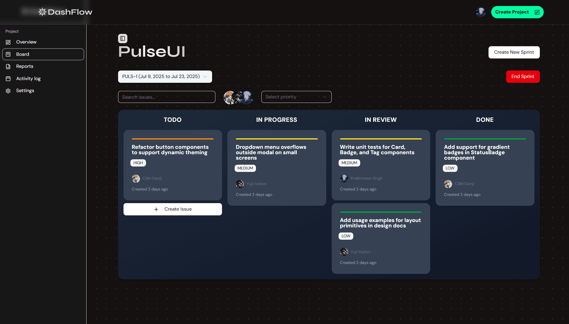 kanban board of Dashflow
